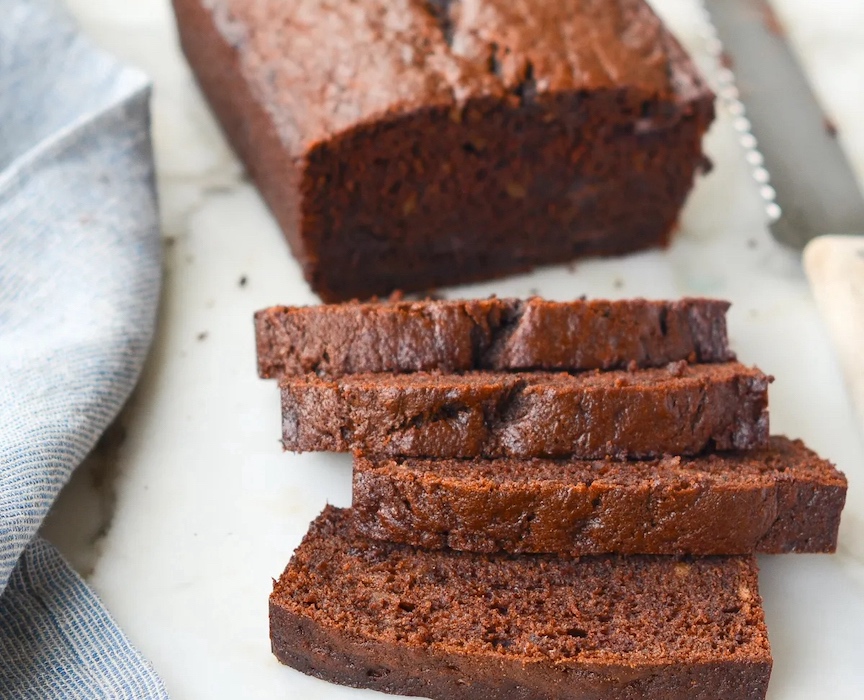 Chocolate chips and cocoa powder give this soft chocolate banana bread a deep chocolate flavor.